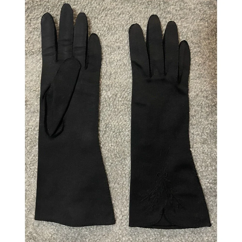 Vintage Fownes Doette Deluxe Long Black Gloves Floral Embroidery Hand Sewn Sz 7